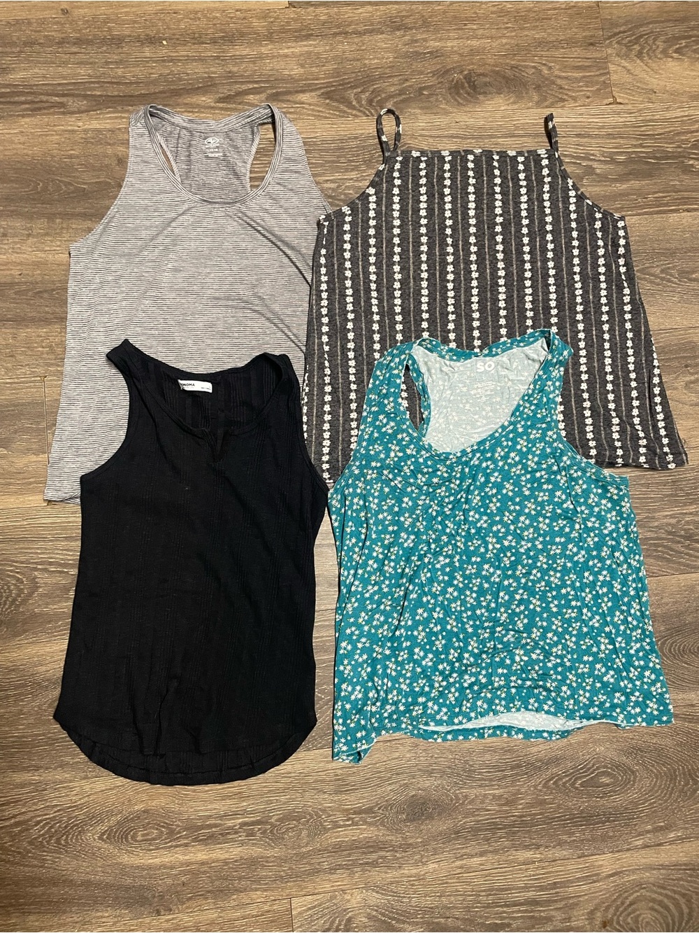 Mixed Women's Tank & Cami Top Set - Black, Gray, Teal Floral, Striped set of 4